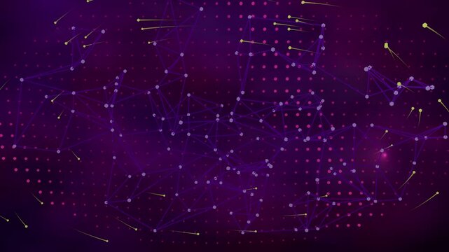 Futuristic purple digital network plexus motion graphic with glowing particles moving across dark background, 3d rendering, seamless loop