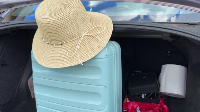 Family road trip preparation with straw hat resting on blue suitcase in car trunk, surrounded by bags and travel essentials, ready for adventure