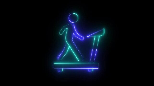 Neon runner icon animation on black background depicts speed ,flexibility, exercise, gymnastics and body wellness training symbol. 4k video animation. 