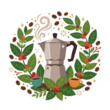 Coffee maker and beans wreath vector illustration