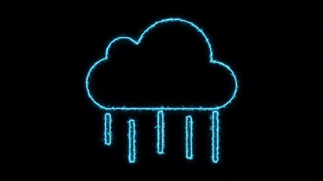 Neon glowing rain clouds with droplets on a black background animated weather icons for digital displays