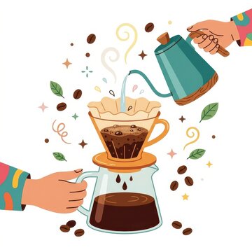 Pour over coffee brewing process illustration