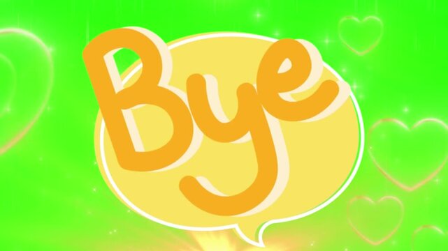 Bright orange speech bubble with 'bye' text set against vibrant green background for digital farewell messages