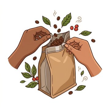 Opening coffee bag with beans and leaves