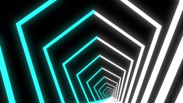Abstract 2d neon white and blue pentagon tunnel with glowing geometric, light motion on black background, creating a sense of depth and a mysterious, geometric tunnel, 4K loop