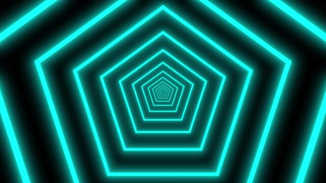 Vibrant digital tunnel of glowing red and blue concentric pentagons on black background, glowing geometric lines creating depth and motion, futuristic sci fi cyberspace portal concept, 4K