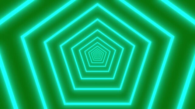 Vibrant digital tunnel of glowing red and blue concentric pentagons on green background, glowing geometric lines creating depth and motion, futuristic sci fi cyberspace portal concept, 4K