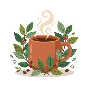 Hot coffee cup with coffee plant leaves and beans