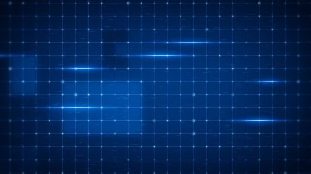 Digital blue grid with horizontal light streaks gliding across and glowing tiles fading in and out on a deep blue backdrop
