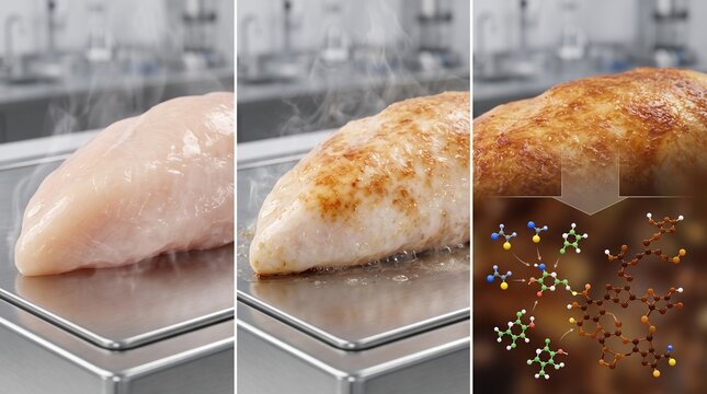Raw chicken breast searing on a metal pan showing the Maillard reaction