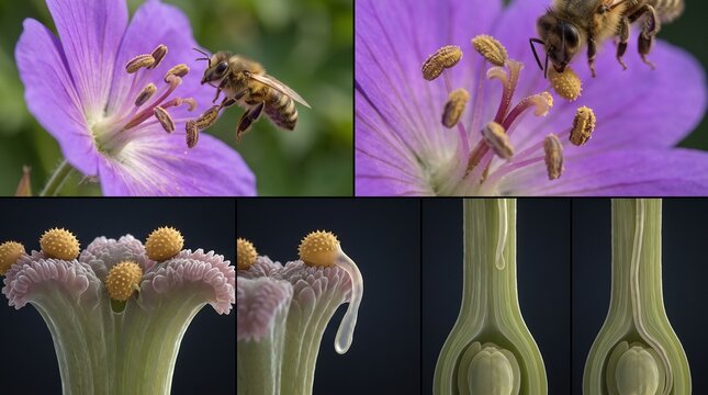 Honey bee pollinating a purple flower with detailed pollen tube growth stages