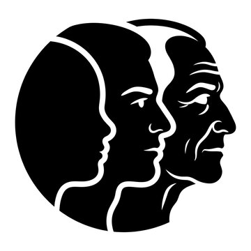 Black and white silhouette profile of human faces representing aging stages