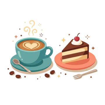 Coffee cup and chocolate cake slice