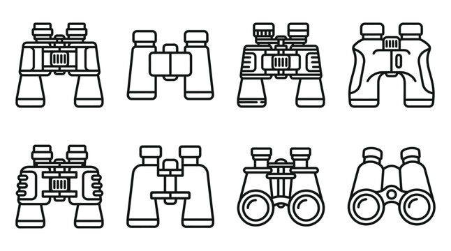Binoculars line icons set black strokes on a white background
