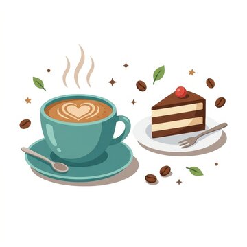 Coffee cup and cake slice illustration on white background