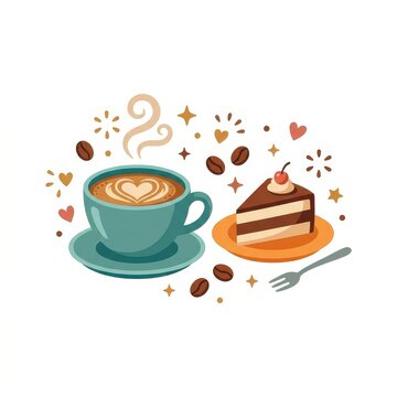 Coffee cup and cake slice vector illustration