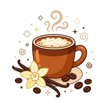 Vanilla coffee cup with beans and flower