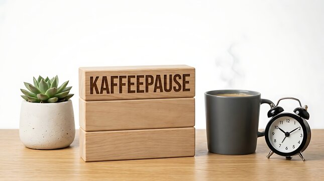 Stack of wooden blocks with the german word for coffee break beside a cup and clock