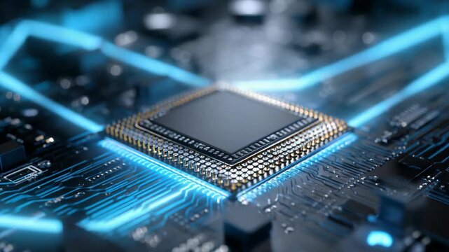 Futuristic Quantum Microchip Glows on Advanced Circuit Board Representing Next Generation Computing and Semiconductor Technology Video
