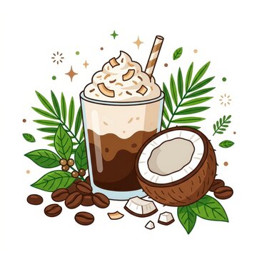 Coconut coffee drink with whipped cream and tropical leaves