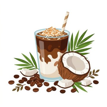 Iced coconut coffee drink on white background