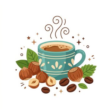 Cup of coffee with hazelnuts and coffee beans