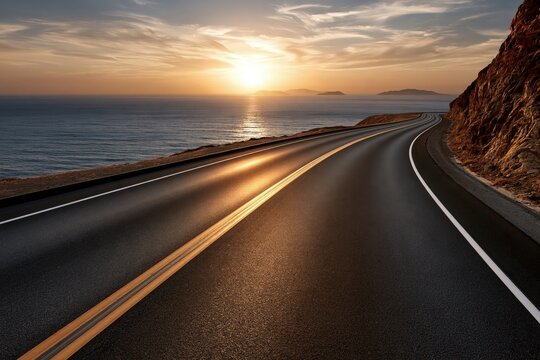 Scenic coastal road at sunset with ocean view and warm golden light