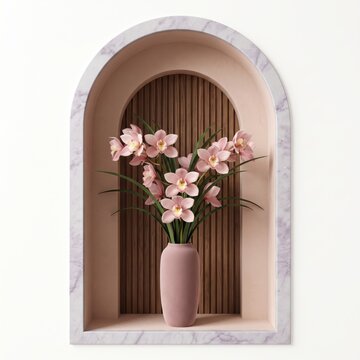 Beautiful pink orchids in a vase inside an arched wall niche with a marble frame isolated on white background