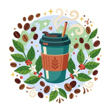 World coffee cup illustration with beans and leaves
