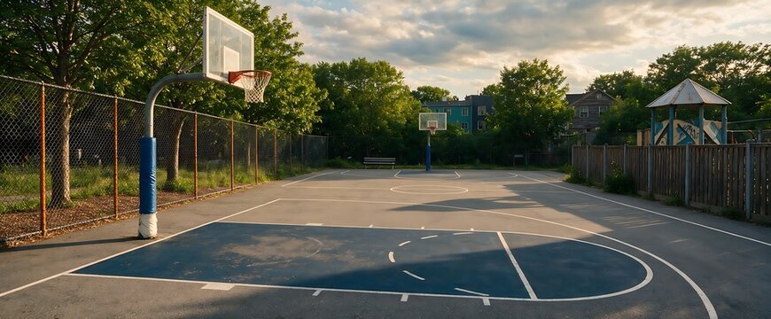 An outdoor basketball court with separate hoops.
