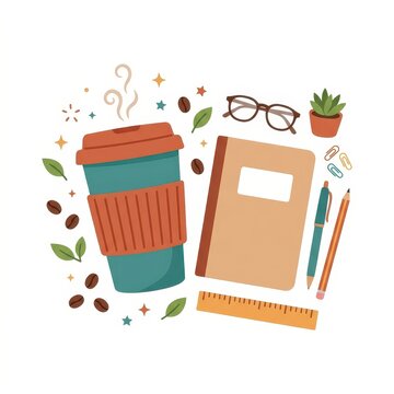 Cozy coffee cup notebook and stationery on white background