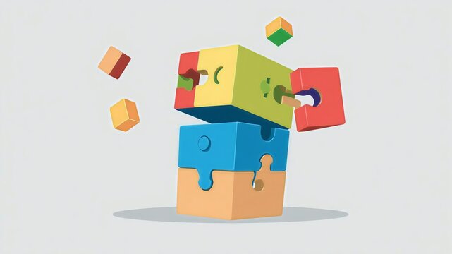 Multicolored Puzzle Cube Structure Breaking Apart with Flying Pieces on Grey Background