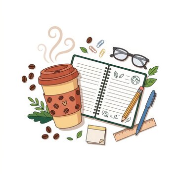 Coffee cup notebook glasses and office supplies on white