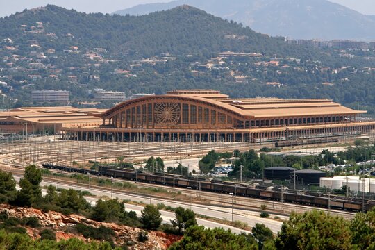 Gare de Perpignan railway station panoramic view with mountain backdrop