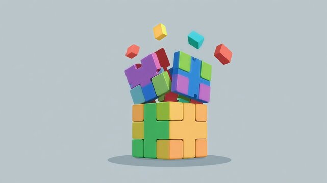 Multicolored Puzzle Cube Structure Breaking Apart with Flying Pieces on Grey Background