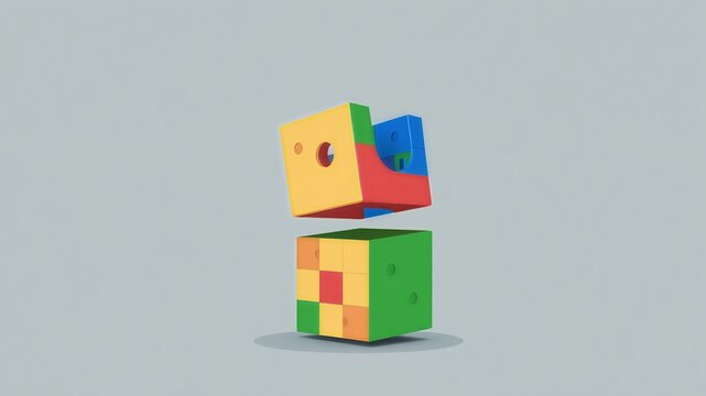Multicolored Puzzle Cube Structure Breaking Apart with Flying Pieces on Grey Background