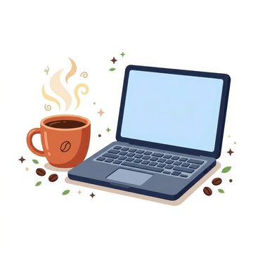 Laptop and coffee cup on white background