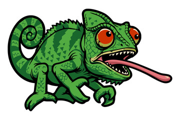 Obraz premium Vector illustration of a green chameleon with a long, extended tongue.