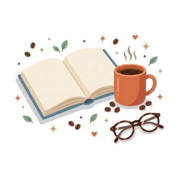 Open book with coffee cup and glasses