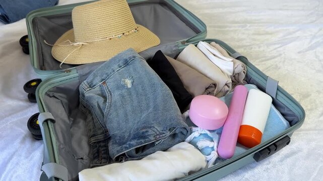Woman packing a suitcase with clothes, a hat, and toiletries, securing items with straps, preparing for travel in a bright indoor setting
