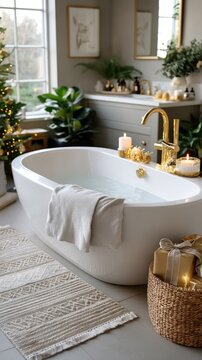 A stylish bathroom showcases a sleek bathtub surrounded by holiday decorations, including gold ornaments and potted greenery