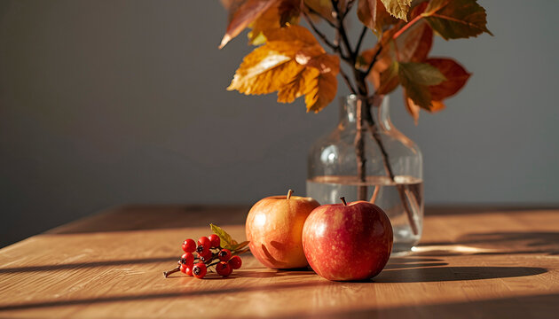 Autumn still life on wooden table with apples, rowan berries, simple glass vase with maple leaves, sunlit, light melancholy, rustic seasonal mood.