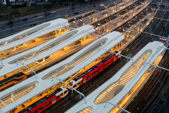 Elevated view of trains, platforms and railway tracks at Arnhem Central Station in Arnhem, Netherlands