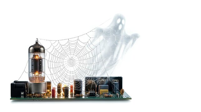 Vintage vacuum tube on an electronic circuit board featuring a dew-covered spider web and a translucent digital ghost figure made of circuit patterns on a white background.