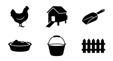 Farm Icons: Chicken Coop, Hen, Feed Scoop, Bucket, Fence, Food Bowl Vector Set © Limonislam