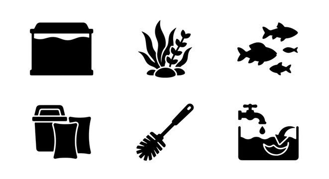 Aquarium Icons Set, Fish Tank Supplies, Aquatic Life, Water Plants, Cleaning Brush, Water Filter