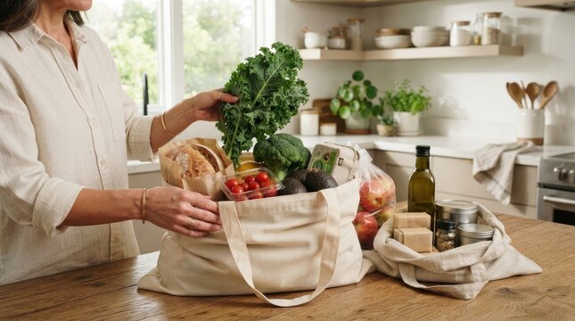 Woman unpacking fresh groceries from a reusable canvas bag on a kitchen counter, focusing on healthy ingredients and produce