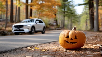 Plakat A cheerful jack-o'-lantern sits near a road as a white vehicle drives by, framed by colorful autumn foliage