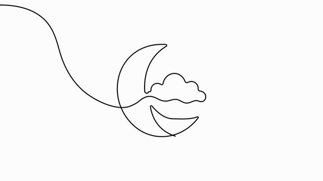Crescent moon cloud continuous line art drawing motion graphics video
