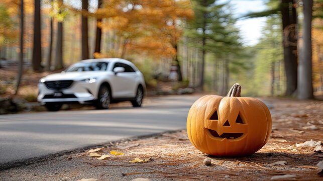 A cheerful jack-o'-lantern sits near a road as a white vehicle drives by, framed by colorful autumn foliage